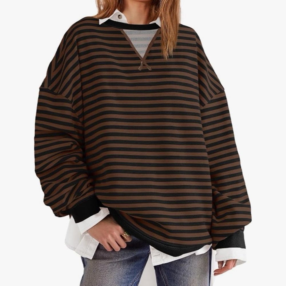 NWOT Senserise Striped Brown and Black Oversized Sweatshirt. Size Medium